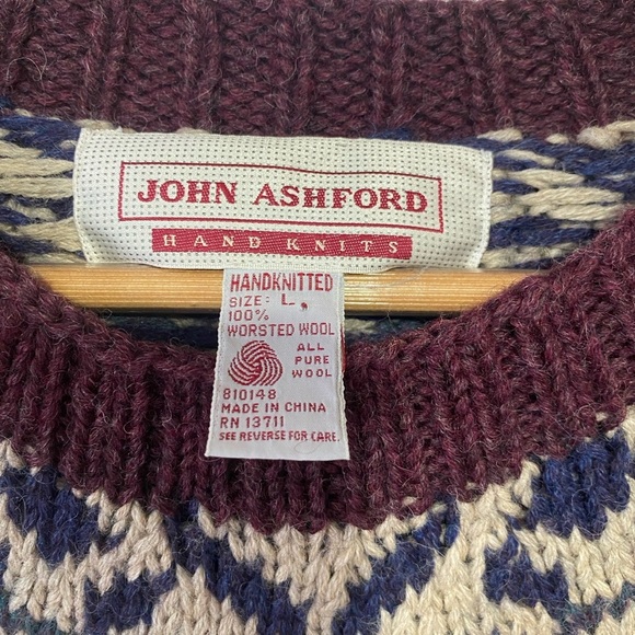 Vintage John Ashford Mens Large Fair Isle Knit Sweater Geometric Pattern - Picture 3 of 4